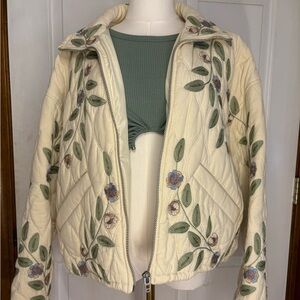 Blank NYC Cream and Green Bomber Jacket with Embroidered Floral Design